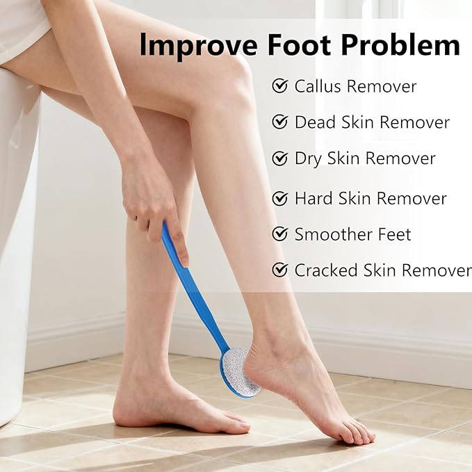 Pumice Stone for Feet with Long Handle 13.7", Hard Skin Callus Remover, Scrubber and Exfoliator for Dead Dry Skin, Softer & Smoother Feet, Pedicure Tool (Curved),Blue