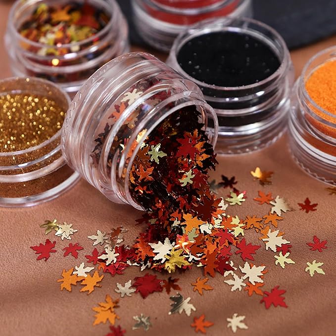 Fall Nail Art Glitter Maple Leaf Nail Sequins Flakes, 4 Colors Manicure fine Glitter Powder, 3D Holographic Ginkgo Biloba Nail Stickers Decals Supplies Nail Charms for Women Girls 6 Box