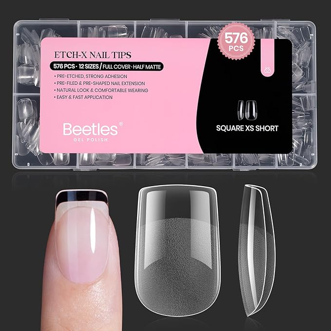Beetles Short Square Nail Tips: 576PCS 12 Sizes XS Short Square Half Matte Clear False Acrylic Press on Nails Tips Pre-shape Full Cover Nail Tips Nail Extension DIY
