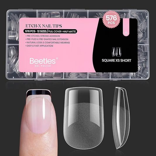 Beetles Short Square Nail Tips: 576PCS 12 Sizes XS Short Square Half Matte Clear False Acrylic Press on Nails Tips Pre-shape Full Cover Nail Tips Nail Extension DIY