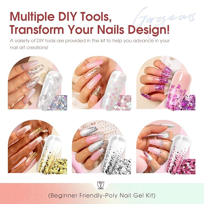 ROSALIND 20PCS White Clear Poly Nails Gel Kit Starter Build er Kit with Slip Solution Pro Nude Pink Nail Extensions Gel Set with Mini UV Lamp Drill Nail Art