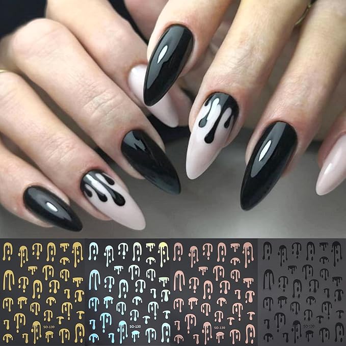 4pcs Halloween Nails Art Stickers -3D Self-Adhesive Nails Supply Black Gold Rose Gold Blood Dropping Design Y2K Scary Blood Nail Decals Sliders Halloween Laser Sliver Bloody DIY Manicure Decor