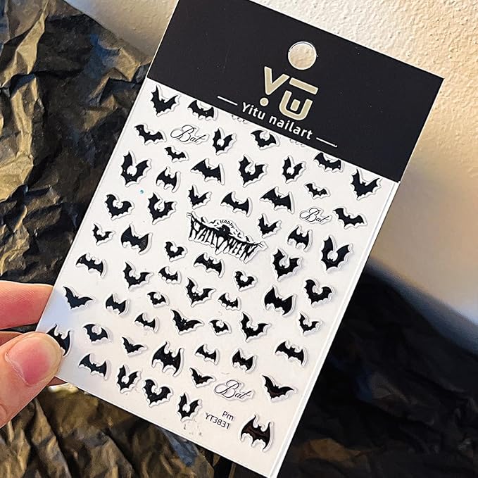 Halloween Bat Nail Stickers for Nail Art Bat Nail Art Design Decals 3D Self-Adhesive Black Bats Nails Art Stickers Halloween Manicure Decoration Sticker for Women DIY Acrylic Nails