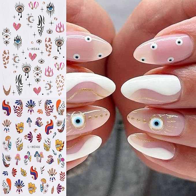 6 Sheets Goth 3D Self-Adhesive Star Flame Nail Stickers - Glitter Blue Eye Design, French Art, Holographic Decals for Women DIY Manicure