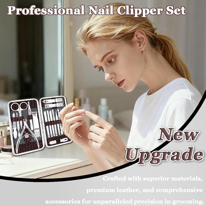 Nail Clipper Set 18 Pcs | Stainless Steel Manicure Grooming Kit: Fingernail Clippers & Toenail Pedicure Cleaning Cutter | Travel Nail Trimming Kit | Gifts for Women, Men, Him, Dad, Christmas, Birthday