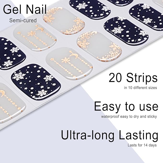 20pcs Semi Cured Gel Nail Strips, Real Nail Polish Art Stickers, Christmas Blue Snowflake Gel Nail Stickers - Work with Any UV Lamp, Long Lasting Full Wraps with Nails File and Stick
