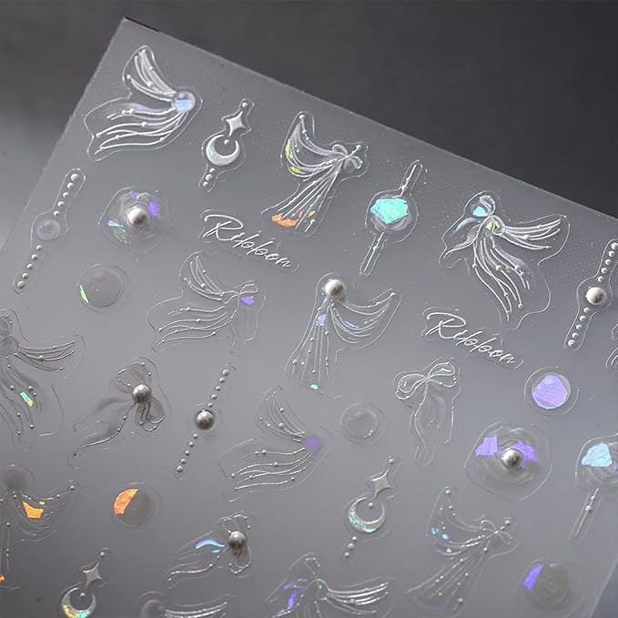 2 Sheets 5D Embossed Flower Nail Art Stickers Summer Spring Nail Stickers for Nail Art Aurora White Nail Decals Self Adhesive Nails Supplies for Women Girls