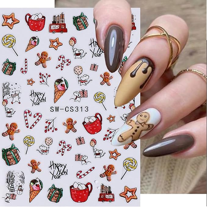 6Pcs Christmas Nail Stickers 3D Self Adhesive Xmas Tree Nails Decals Santa Claus Snowman Socks Snowflake Nails Design Sticker Winter Christmas Nail Art Stickers for Women Holiday Manicure Decor
