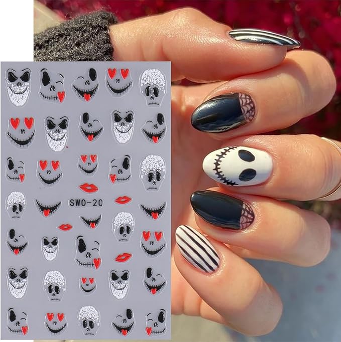 5 Pcs Halloween Nail Stickers,Spider Webs Cute Ghost 3D Self-Adhesive Nail Decals Cat Skull and Pumpkin Designs Nail Decorations Halloween DIY Manicure Supplies for Women Girls