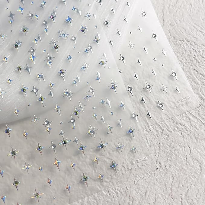 1Sheet Silver Star Nail Decals 5D Embossed Self-Adhesive Diamond Star Nail Sticker Shiny Rhinestones Stars Nail Design Holographic Stars Nails Decoration Mini Nails Supplies for Women Manicure DIY