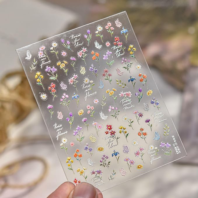 Flowers Nail Art Stickers for Acrylic Nails Colorful Flower Nail Decals 5D Embossed Self Adhesive Daisy Nail Sticker with Butterfly Designs Nail Stickers Spring Cute Floral Nail Decal for Women