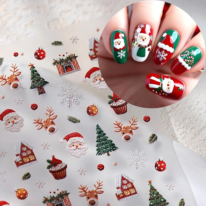 1Sheet Christmas Nail Art Stickers 5D Embossed Cute Santa Claus Elk Designs Nail Decals Self-Adhesive Xmas Tree Snowflake Nail Stickers Christmas House Cake Nail Decal for Women Nails Decoration