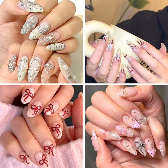 4Sheets Gold Silver Bows Nail Art Stickers 3D Cute Red Bows Heart Nail Decals for Acrylic Nails Self-Adhesive Irregular Lines Designs Nail Stickers Love Star Nail Decal for Women DIY Manicure Decor