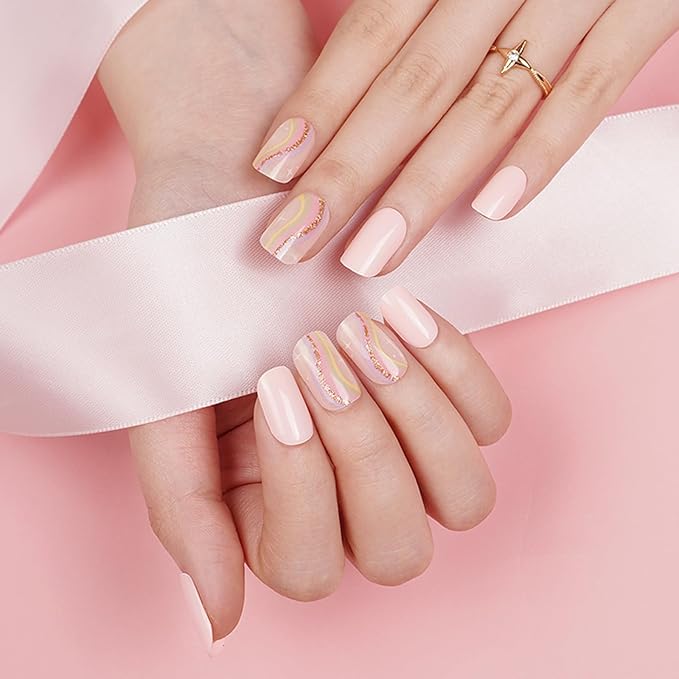 20pcs Semi Cured Gel Nail Strips, Real Nail Polish Art Stickers, Starry River Pink Gel Nail Stickers - Work with Any UV Lamp, Long Lasting Full Wraps with Nails File and Stick