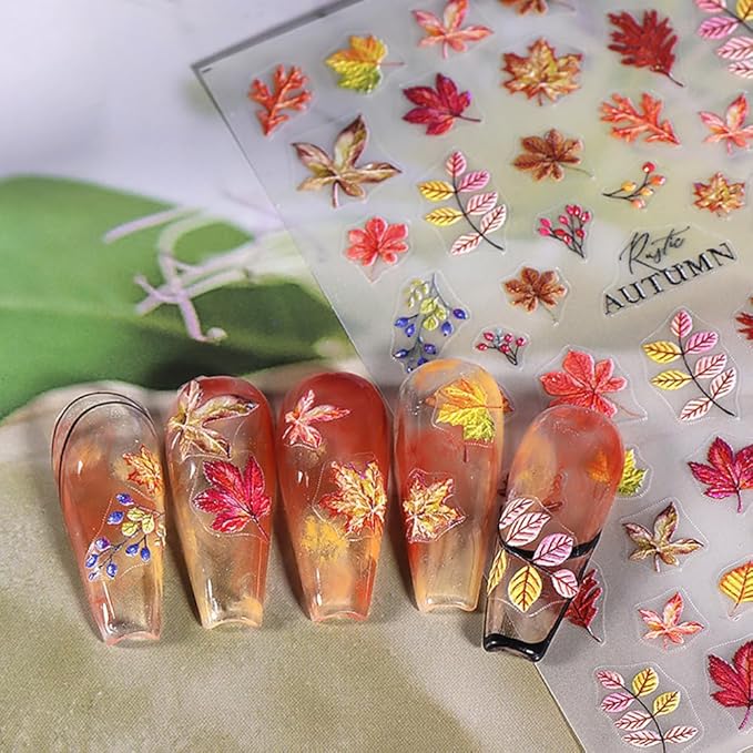 Fall Nail Stickers 3D Maple Leaves Nail Decals DIY Self Adhesive Tree Leaf Autumn Letter Nail Design Sticker Squirrel Animal Nail Decoration Supplies Holiday Manicure Accessories for Women Girls 4Pcs