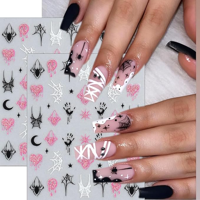 6 Sheets Halloween French Nail Stickers for Nail Art Cute Ghost Spider Web Bat Nail Decals Pink Glitter Pumpkin Blood Nail Design Stickers 3D Self-Adhesive Holiday Nails Art Supply for Women Manicure