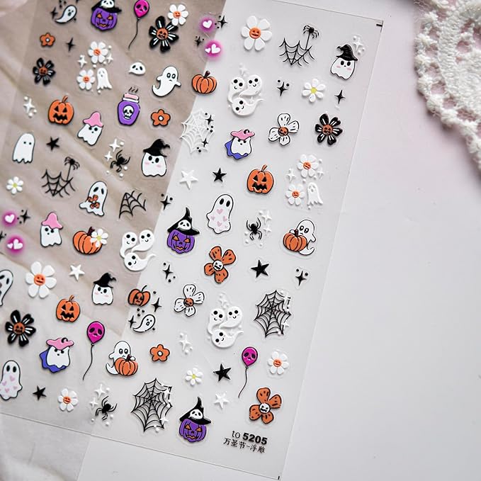 5D Halloween Nail Stickers for Nail Art,Ghost Pumpkin Halloween Nail Art Stickers 1PCS Flower Ghosts Spider Web Star 5D Embossed Holiday Nail Decals Manicure Accessories for Women DIY Decorations