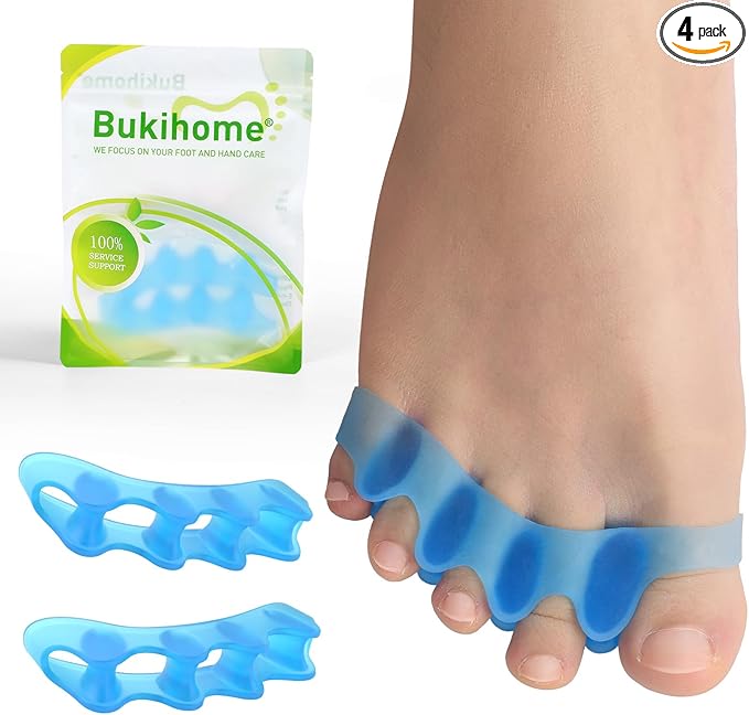 Bukihome Toe Separators, 4 Pair Soft Gel Toe Spacers to Correct Bunions, Toe Stretcher for Therapeutic Relief from Plantar Fasciitis, Foot Pain for Women & Men,Blue+M