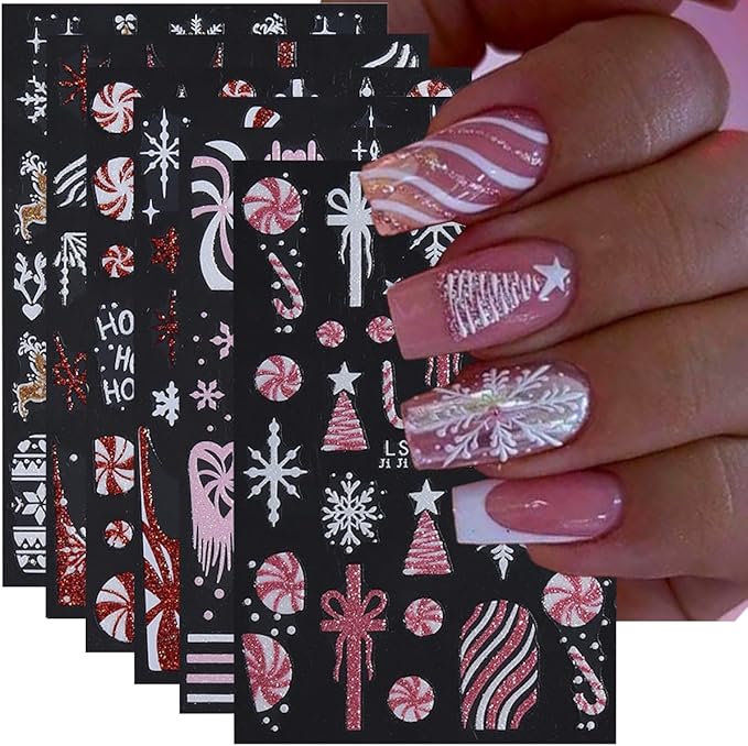 Christmas Nail Art Stickers Glitter Snowflake Candy Self-Adhesive Xmas Nail Decals Nail Art Supplies 6PCS Red Gold Glitter Xmas Tree Bow French Tip HOHO Design Christmas Stickers for Nails Decoration
