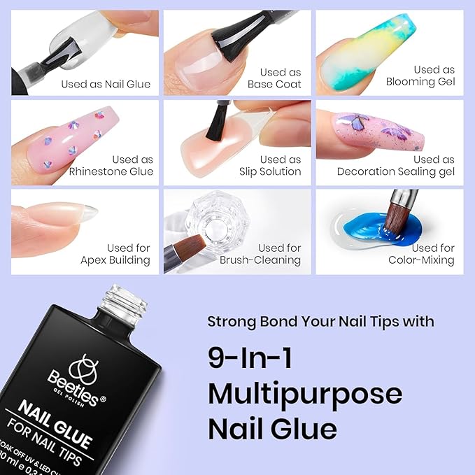 Beetles 3Pcs Gel Nail Glue Nail Dehydrator and Primer, Professional Nail Prep Acid-Free & Hema-Free Dehydrate Bond Primer 9 in 1 Gel Glue Kit for Press On Nails Nail Tips Nail Extension Fall Nail Gift