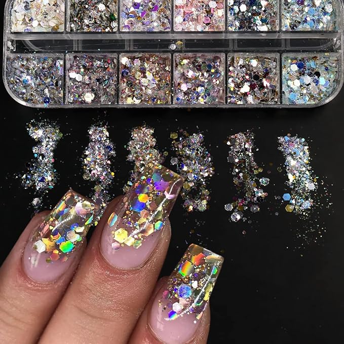 12 Colors Holographic Nail Art Glitter Sequins Chameleon Nail Sequin Hexagon Crafts Stickers Flake Nail Glitter Laser Mermaid Hexagon Confetti Glitters Design Nail Art Decoration for DIY Nail Charms
