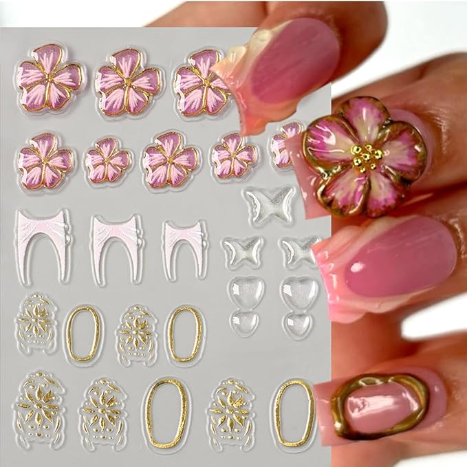 4 Sheets Flower Nail Art Stickers 5D Embossed Colorful Spring Summer Nail Sticker Self Adhesive Five-Petaled Floral with Gold Beads Glitter Design Floral Nail Decals for Women and Girls DIY Nails