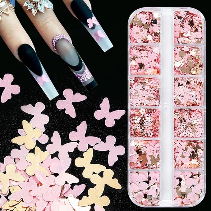 12Grids Valentine's Day Nail Glitter Sequins Holographic Gold Pink Heart Nail Art Glitter Flakes 3D Flower Rabbit Butterfly Charm Nail Sequins Glitter Nail Supplies for Acrylic Nail Decor Accessories