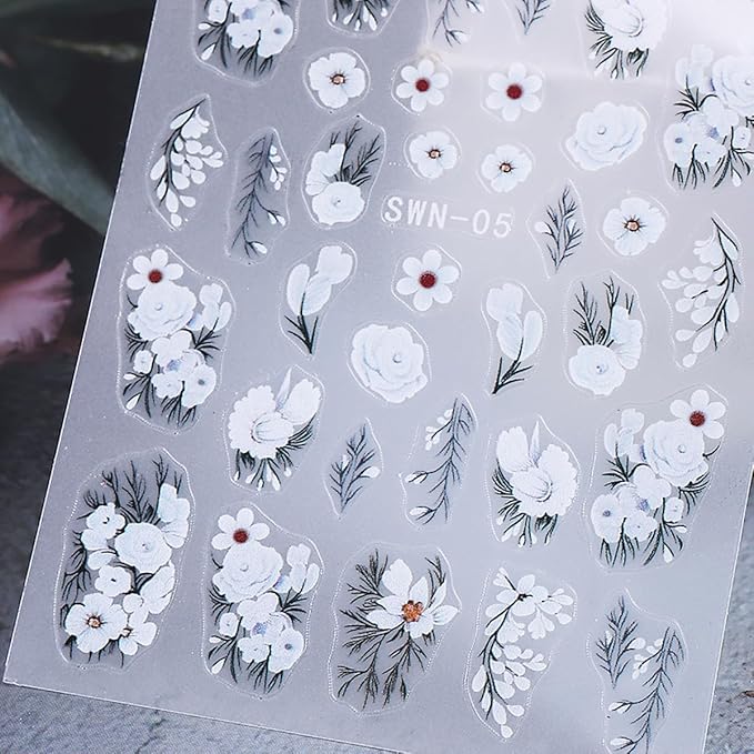 Flower Nail Art Stickers Decals 5D Embossed White Flowers Nail Decals 4PCS Floral Leaf Nails Design Adhesive Flower Stickers for Nails Manicure Accessories for Women Summer Fall Nail Art Decorations
