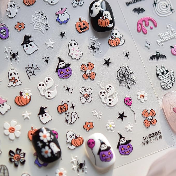 5D Halloween Nail Stickers for Nail Art,Ghost Pumpkin Halloween Nail Art Stickers 1PCS Flower Ghosts Spider Web Star 5D Embossed Holiday Nail Decals Manicure Accessories for Women DIY Decorations