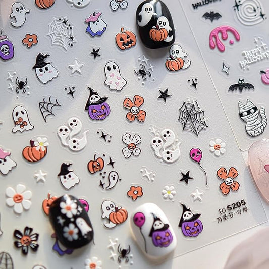 5D Halloween Nail Stickers for Nail Art,Ghost Pumpkin Halloween Nail Art Stickers 1PCS Flower Ghosts Spider Web Star 5D Embossed Holiday Nail Decals Manicure Accessories for Women DIY Decorations