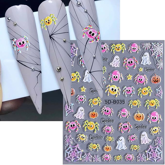 2 Sheets Halloween Nail Art Stickers 5D Embossed Cute Ghost Nail Decals Self-Adhesive Pink Yellow Spider Nail Sticker Star Pumpkin Spider Web Nail Decal for Women DIY Nail Design Supplies