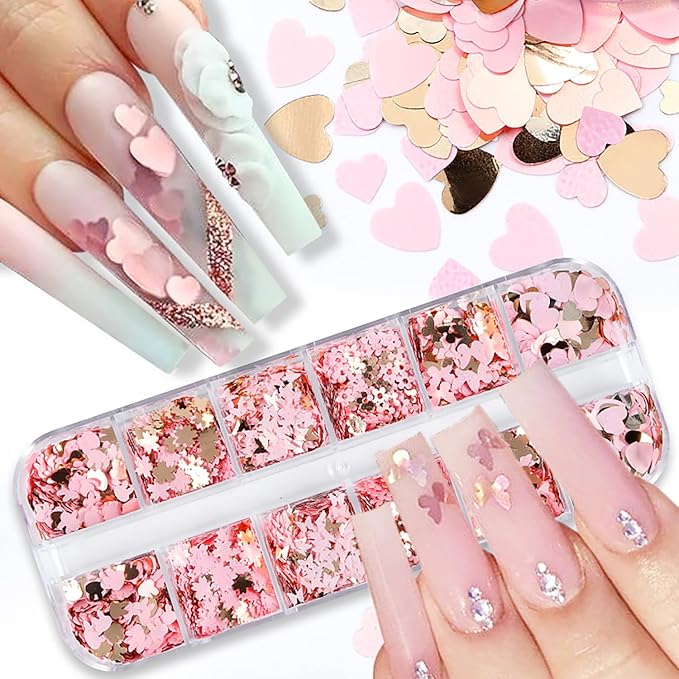 12Grids Valentine's Day Nail Glitter Sequins Holographic Gold Pink Heart Nail Art Glitter Flakes 3D Flower Rabbit Butterfly Charm Nail Sequins Glitter Nail Supplies for Acrylic Nail Decor Accessories