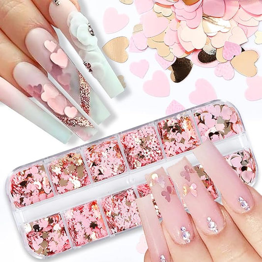 12Grids Valentine's Day Nail Glitter Sequins Holographic Gold Pink Heart Nail Art Glitter Flakes 3D Flower Rabbit Butterfly Charm Nail Sequins Glitter Nail Supplies for Acrylic Nail Decor Accessories