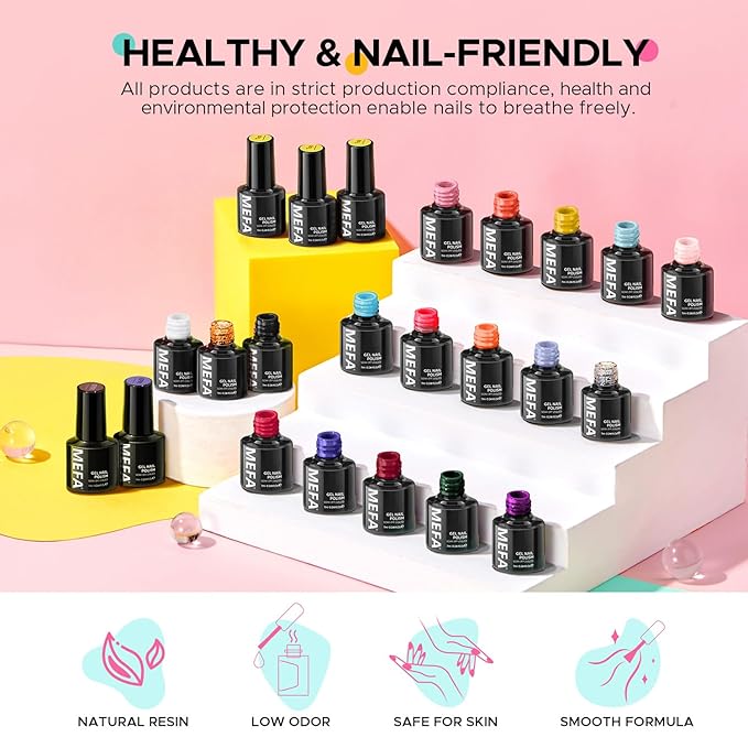 MEFA Gel Nail Polish Set, 23 Pcs Burgundy Red Brown Gel Polish Set Collection Summer Neon Classic Orange Black Navy Blue Glitter Nail Polish Starter Set with Glossy & Matte Top Base Coat Nail Art Gift