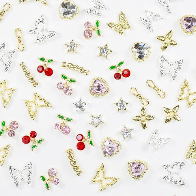 56 Pcs Cute Charms for Nails Cherry Butterfly Heart Star Kawaii Crystals Pink Red Rhinestones Gems Golden Silver 3D Alloy Studs Nail Art Charms for Acrylic Nails Crafts Tumblers Bottles Shoes