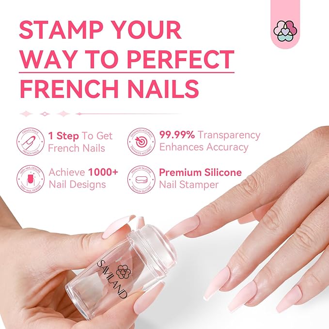 Saviland French Tip Nail Stamp - 4PCS Nail Art Stamper Kit Clear Silicone Nails Stamping Long & Short Jelly Stamper with Scrapers Nails Stamper Kit for French Manicure Nail Art Home DIY Salon