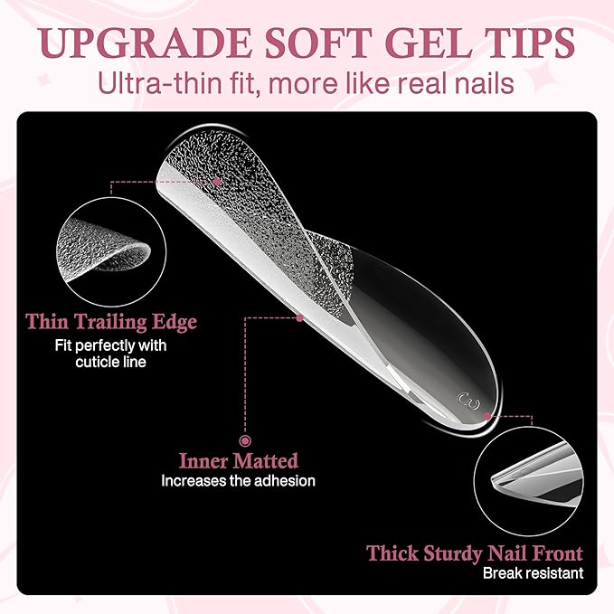 Medium Almond Nail Tips, 504pcs Soft Gel Pre-Filed Acrylic Almond Fake Nails, Half Matte Full Cover Clear Press on Flase Nail Tips for Nail Extension Home DIY 12 Sizes