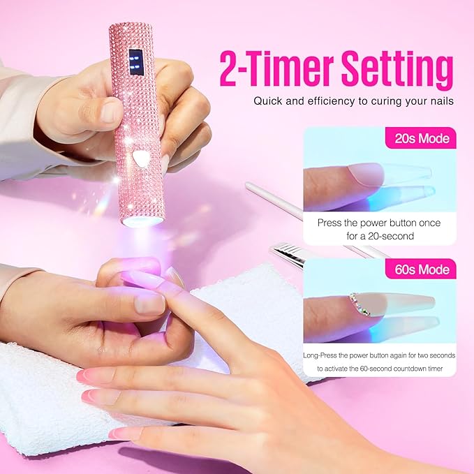 MEFA UV Light for Gel Nails, Pink Glitter Handheld Nail Lamp Visible LED Timer Touch Screen, Cordless Nail Light for Gel Nail Polish Stickers Strips, Gifts for Women