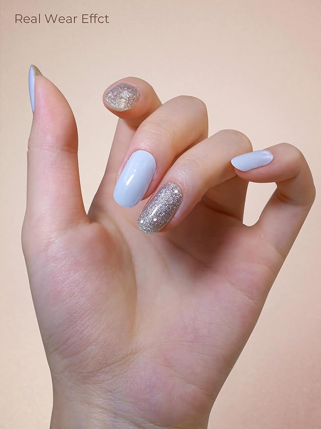 Pre Cured Gel Nail Strips - 44PCS Salon Quality Gel Nail Stickers - Long Lasting Polish Wraps for Women no UV Light Needed Easy Apply& Remove (Unicorn Silver Magic）