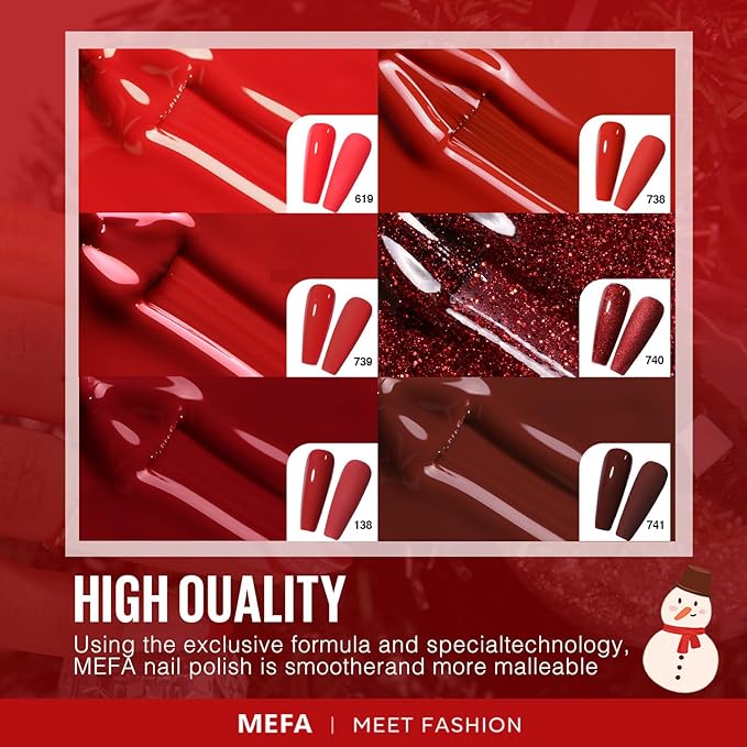MEFA Red Gel Nail Polish Set, 6 Colors Christmas Gel Polish Kit Popular Burgundy Glitter Nail Polish Soak Off Rose Dark Red Shimmer DIY Home Salon Manicure Gifts for Women Girls 2025