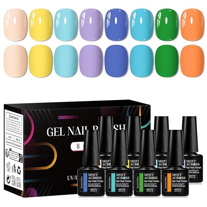 MEET ACROSS 1 Step Gel Polish Set Nail Art Manicure 3 in 1 Gel Kit Soak Off LED Gel Nail Varnishes No Need base gel top coat (Set-2, 8PCS)