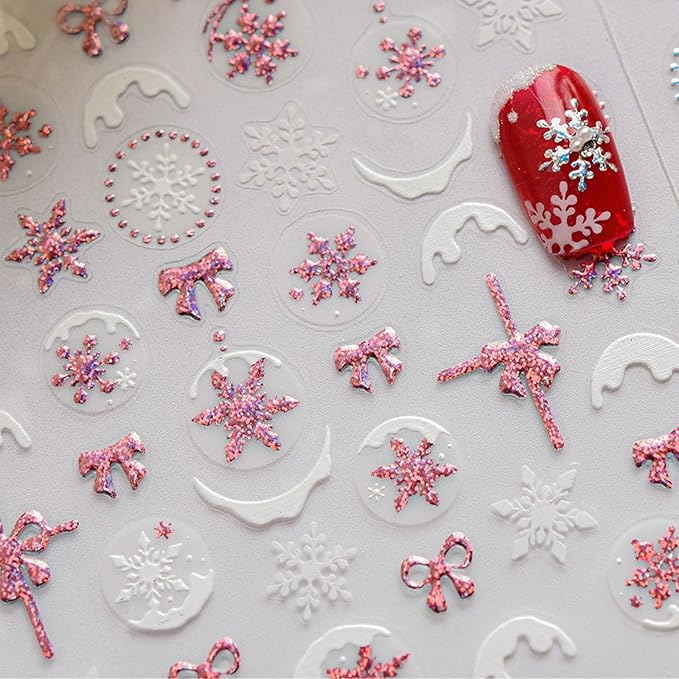 JMEOWIO 3D Embossed Christmas Glitter Snowflake Nail Art Stickers Decals Self-Adhesive 5D Nail Supplies Nail Art Design Decoration Accessories 1 Sheets