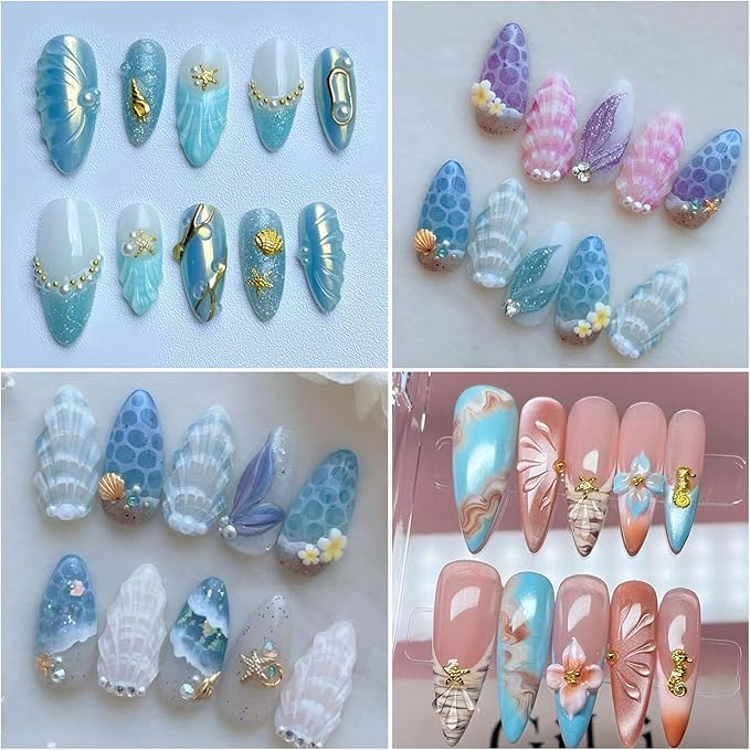 Metal Beach Nail Art Charms 3D Gold Marine Life Nail Charms with Seahorse Shell Starfish Designs Nail Rhinestones for Acrylic Nails Golden Palm Tree Flowers Nail Jewelry for Women Summer Nails Supply