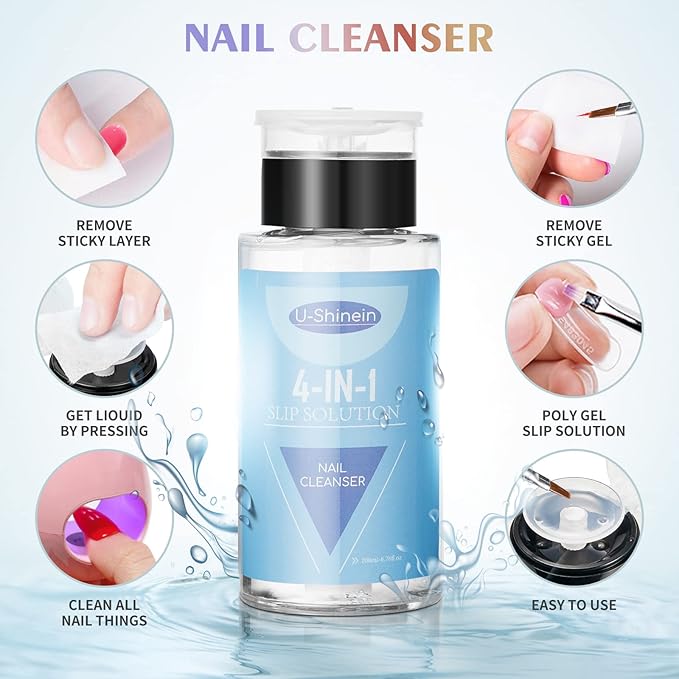200ml Nail Slip Solution, 4-in-1 Poly Nail Gel Slip Solution Poly Nail Extension Gel Liquid Slip Solution Builder Gel, Nail Cleaner Liquid Nail Polish Remover with Nail Brush Nail Art