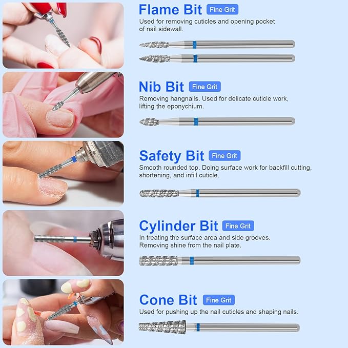 Diesisa 6 Pack Nail Drill Bits for Acrylic Nails, Diamond Carbide Nail Clipper Heads with Diamond Spiral Grooves, 3/32 Inch Cutter Attachment for Nail Preparation, Cuticle and Dead Skin Removal-Blue