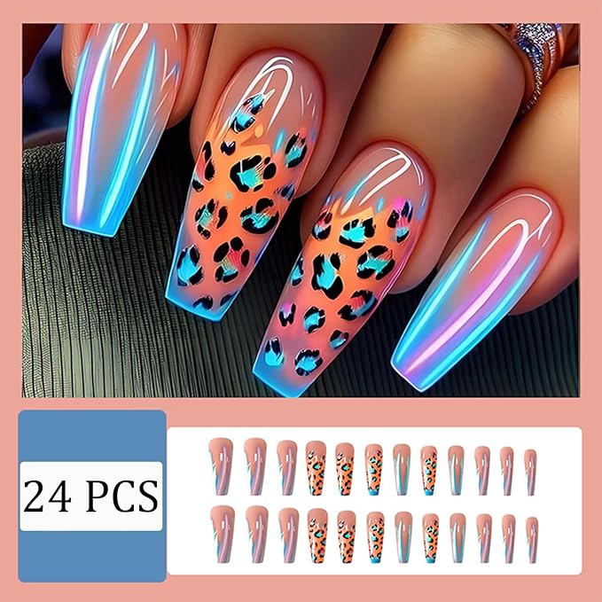 Aurora French Tip Press on Nails Long Square Fake Nails with Leopard Print Designs Glossy Full Cover Nude Glue on Nails Cheetah Nails Acrylic Stick on Nails for Women Girls Manicure Kit 24 Pcs