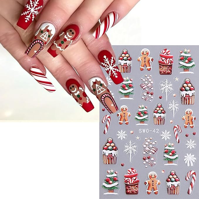 8 Sheets Christmas 5D Embossed Nail Art Stickers for Nail Art Red Glitter Nail Decals Self Adhesive Snowflake Elk Gingerbread Santa Claus Nail Design Stickers Winter Holiday Nail Sticker for Women