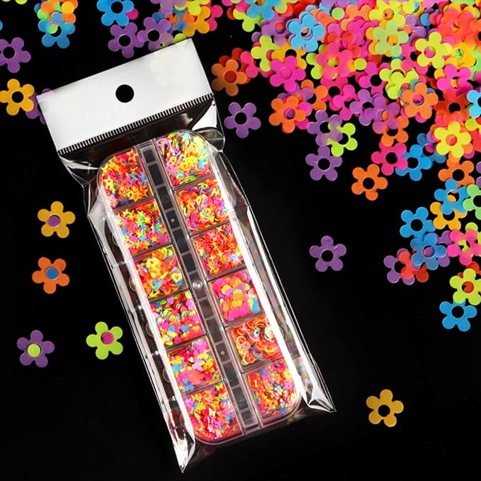 Fluorescent Glitter Nail Art Sequins, Holographic 3D Glitters Flakes Design, Love Heart Butterfly Flowers Letters Stars Circle Supplies for Women Manicure Charms Decorations DIY Resin Nail Art Tips