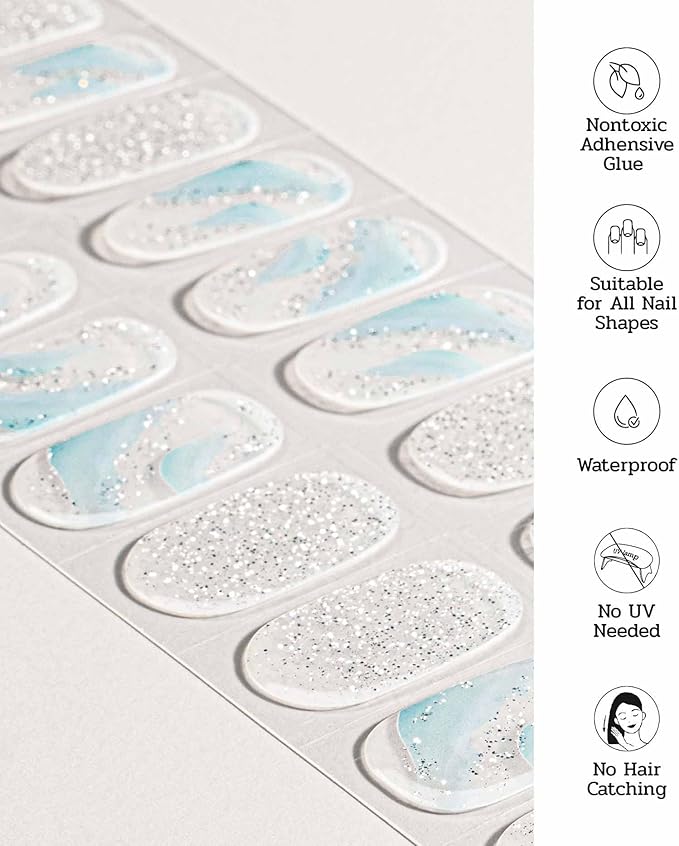 Nail Polish Strips - 22 Pcs Salon Quality Gel Nail Stickers - Long Lasting Wraps (Crystal Ice Sliver)