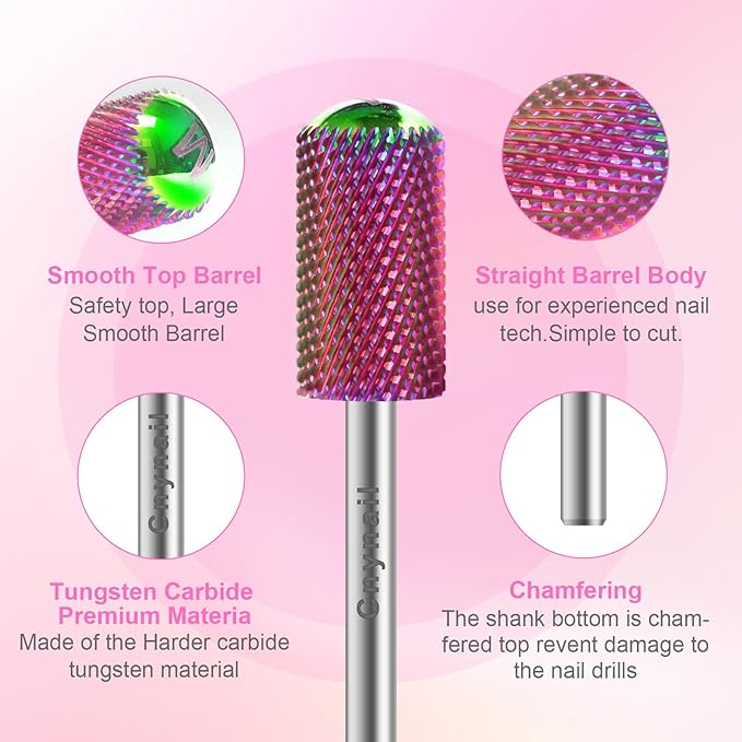 3/32" 2PCS Large Barrel Smooth Round Top Tungsten Carbide Nail Drill Bit Safety Bit for Gel & Acrylic Removal, 2-Way Rotating Efile Tip, Salon Electric File Accessory (M Grit, Multicolor)